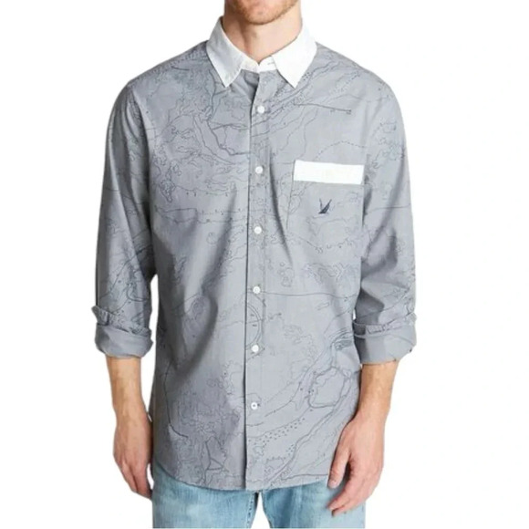 Nautica Mens Blue Sail Map Print Button Up Shirt Grey White Size: XL - Picture 1 of 11